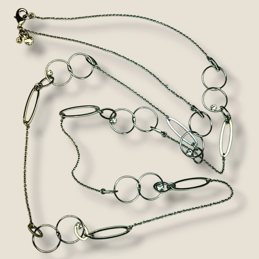 Ann Taylor‎ Silver Tone Ring & Rhinestone Station Necklace 32"